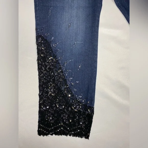Embellished deep blue denim jeans Sequin Black Lace Embroidered Capri - Picture 4 of 13
